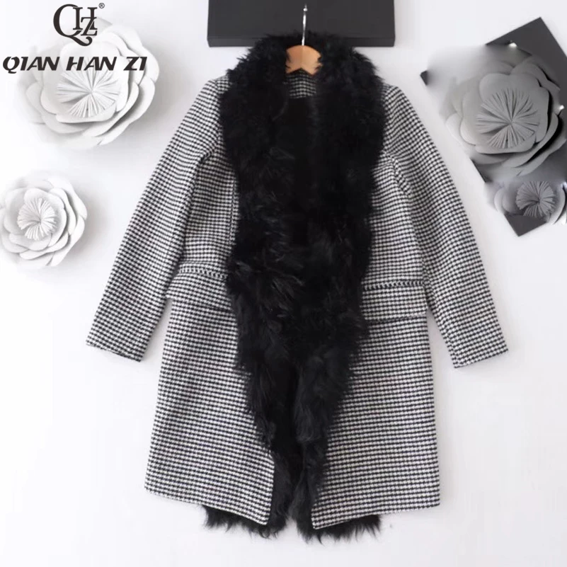 Qian Han Zi Женское шерстяное пальто клетчатое женское Свободное длинное двубортное шерстяное пальто зимнее пальто шерстяное пальто пальто