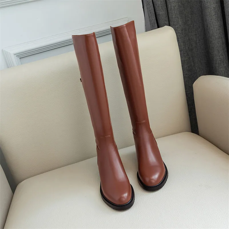 Brown Velvet Lining Meotina/осенние сапоги для верховой езды; женские сапоги до колена из натуральной кожи на плоской подошве; обувь на молнии с круглым носком; женская зимняя обувь; размеры 34-39 - Цвет: Brown Velvet Lining