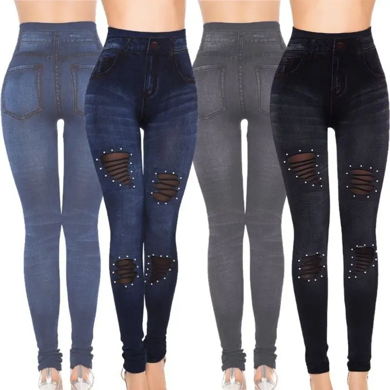 Тонкий Для женщин леггинсы жемчуг рваные бесшовные высота талии Искусственная лосины из джинсовой ткани Повседневное размера плюс узкие брюки S-3XL