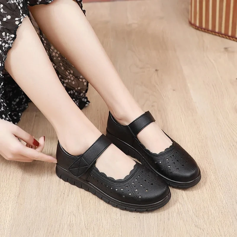 Black Leather Moccasin Women Hook and Loop Wedge Mary Jane Shoes for Summer 2021 Solid Beige Flats Mother Concise Loafers