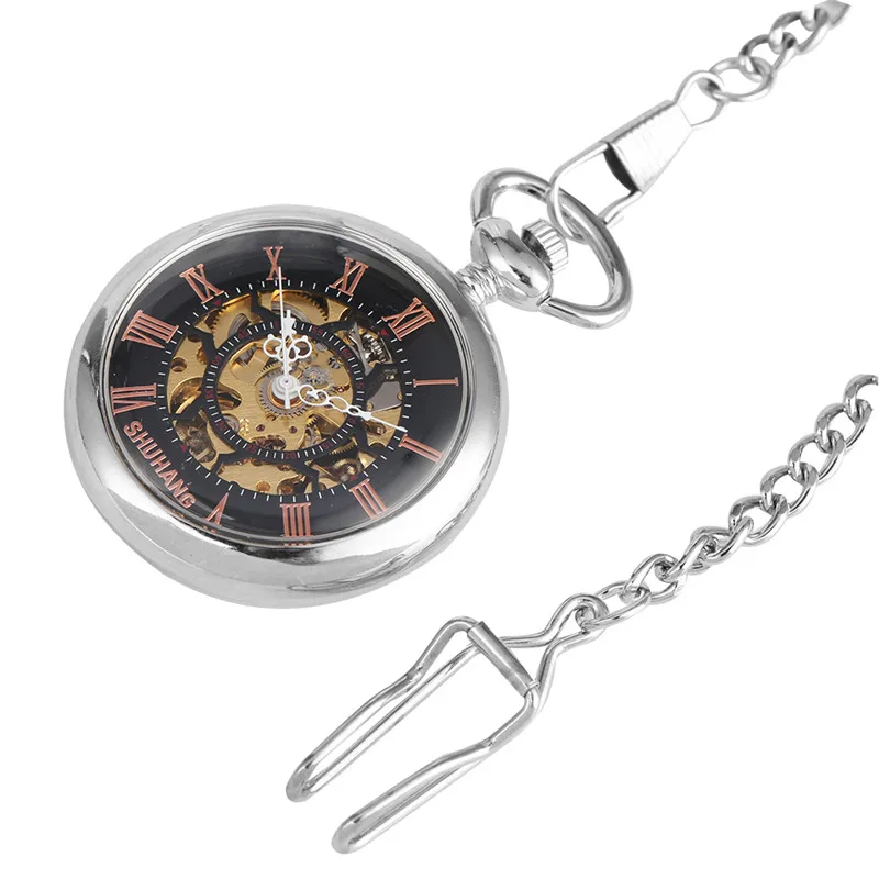 Silver Unisex Hand-winding Mechanical Pocket Watch Skeleton Smooth Case Roman Numbers Display for Men Women Pendant Chain Gift