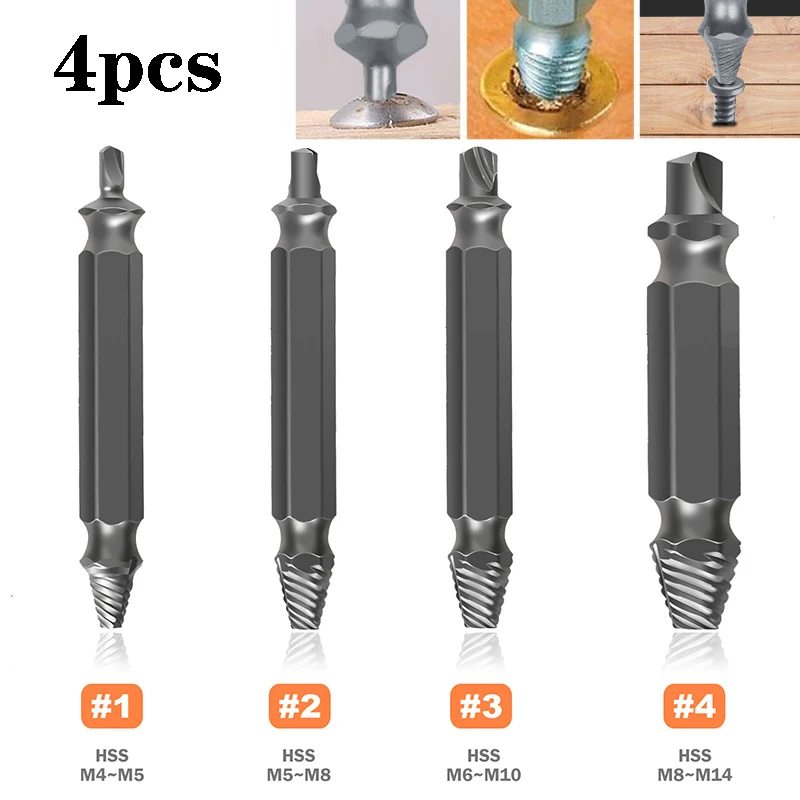 4pcs Material Damaged Screw Extractor Drill Bits Guide Set Broken Speed Out Easy out Bolt Stud Stripped Screw Remover Tool Set A