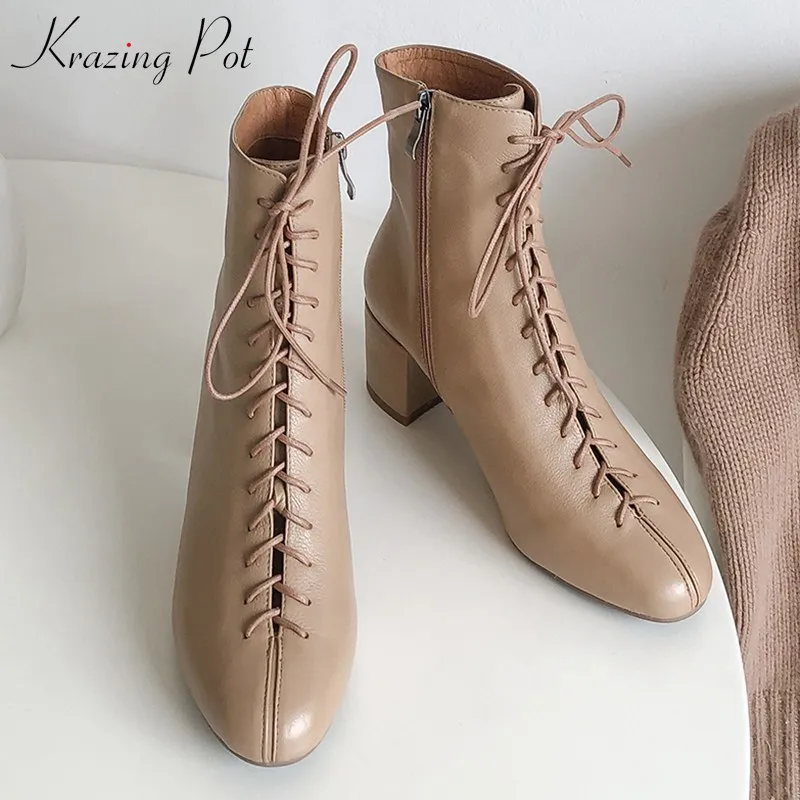

krazing pot genuine leather elegant fashion women winter lace up round toe boots high heels keep warm side zip ankle boots L73