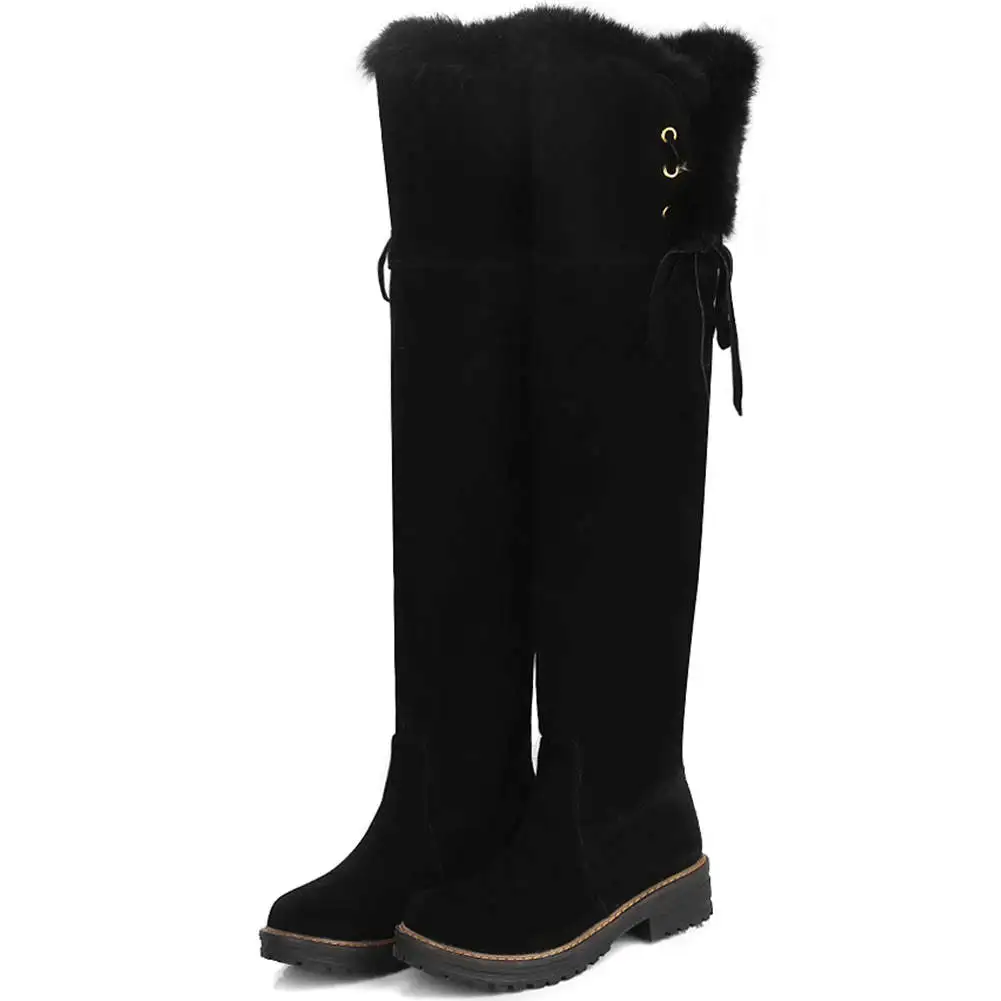 BONJOMARISA New 34-43 Elegant Fur Decorating Boots Ladies Thigh High Boots Women Med Heels Shoes Woman Over The Knee Boots