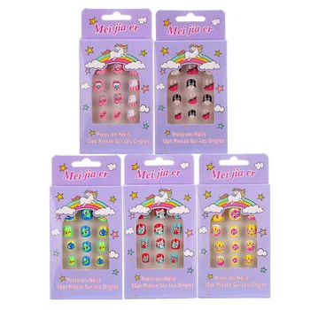 

12PCS New High Quality Full Cover false nails for children Cute Colorful false nails for children with glue Creative press on