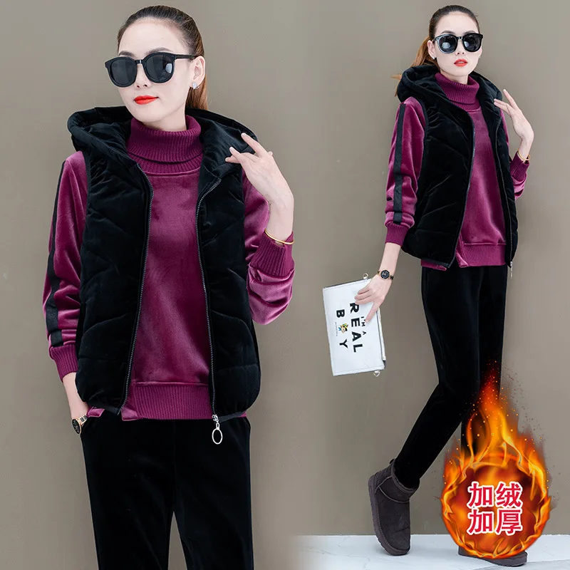 

3pcs Winter Women Sportswear Tracksuit Thick Velvet Jacket+sweatshirt+pant Running Jogger Fitness Casual Athletic Set Sport Suit