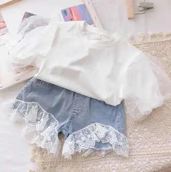 

2020 Baby Girls Summer Fashion Sets, White T-shirt+ Jean Lace Shorts 5 sets/lot, Wholesale, Free Shipping