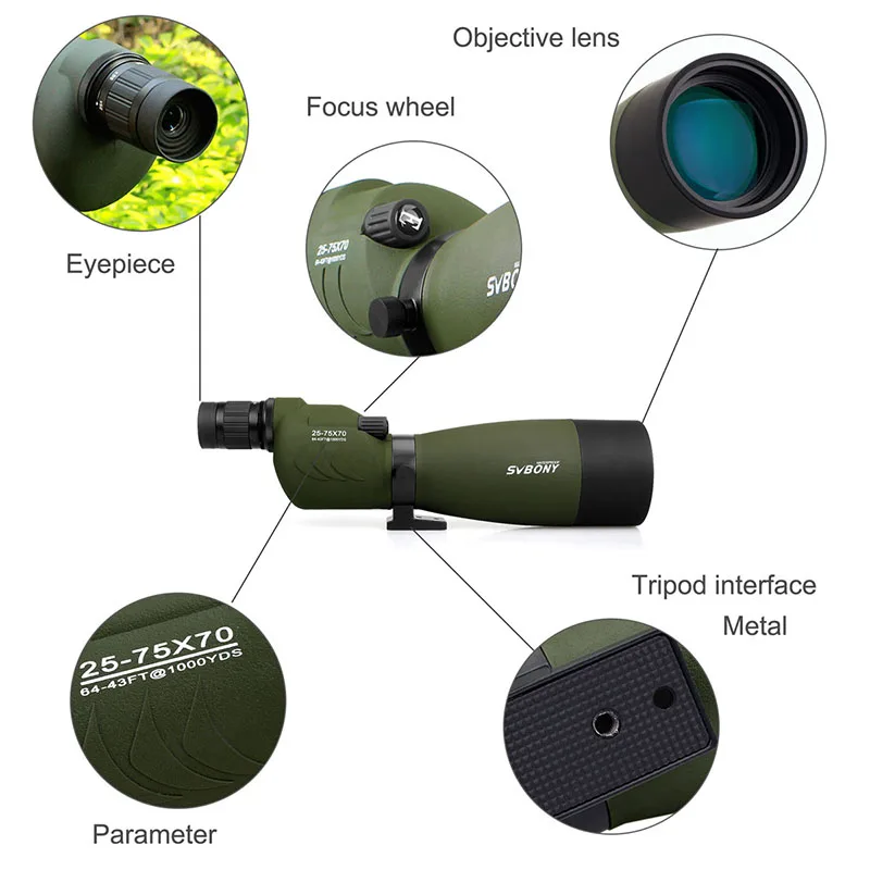 SVBONY SV17 25-75x70mm Spotting Scope Straight Waterproof For Camping Hunting Bird Watching Zoom Telescope Spygla