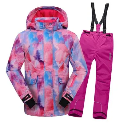 Детские лыжные костюмы, детская ветронепроницаемая Водонепроницаемая теплая зимняя куртка для девочек, лыжная куртка для сноуборда с нагрудником - Цвет: Pink-Rose purple