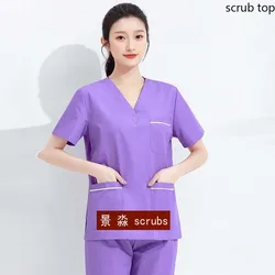 Plug Size Scrub Top Women Medical Uniform Short Sleeve Scrub Shirt  V Neck Nursing Clothes Cotton Doctor Workwear Color Blocking