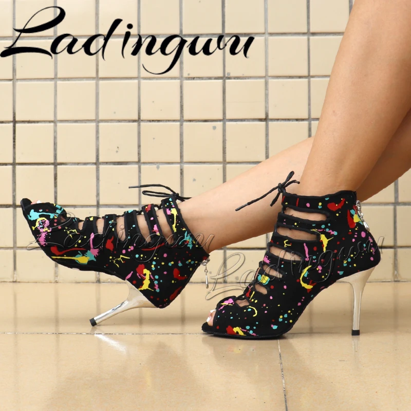Ladingwu New Style Latin Dance Shoes Rumba Tango Dance Boots Salsa National Standard Dance Shoes Fashion Printed Suede Plating H