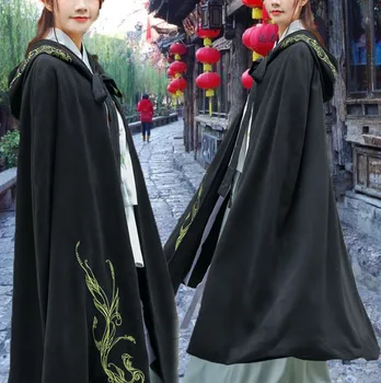 

Chinese Style Black Retro Cloak Wool Blends Embroidery Thick Warm Womens Overcoat Free Size U95
