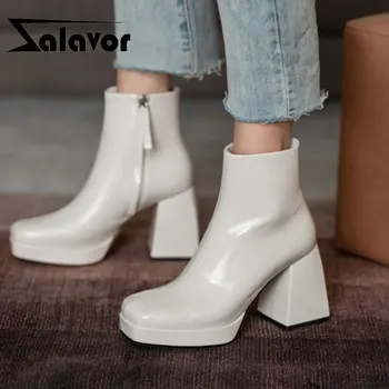 

ZALAVOR Genuine Leather Woman Ankle Boots Fashion Platform Zipper High Heel Winter Shoes Woman Short Boot Footwear Size 34-40