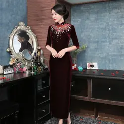 Сексуальный Китайский современный Qipao Женская обувь добавить горный хрусталь с точки зрения Cheognsam вечерний халат с рукавами до локтя с