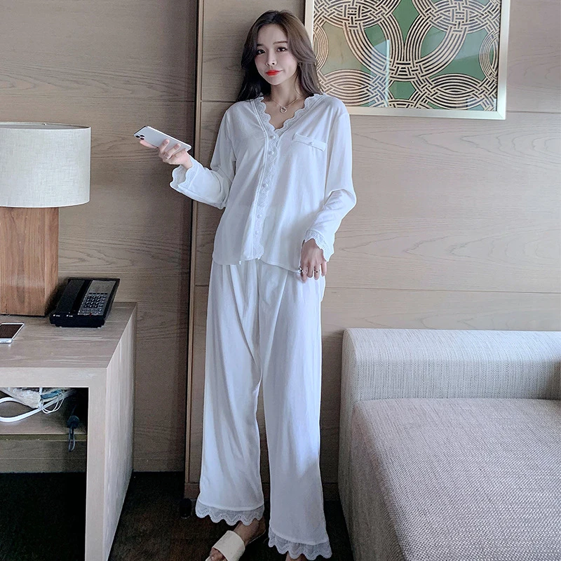 

Autumn and winter ladies pajamas set gold velvet pure color lace edge pajamas loose luxury long-sleeved wide-leg pants warm suit