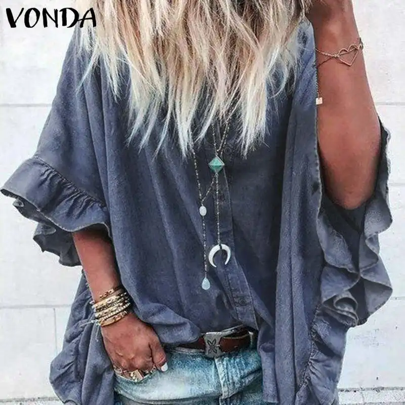  VONDA Blouses Women Casual Lapel Neck Buttons Half Sleeve Ruffle Blusas Office Ladies Shirts Tunic 