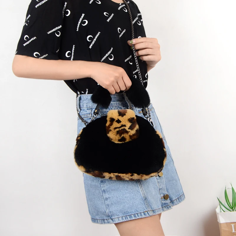 

New Korean style Rex rabbit fur bag shoulder bag Hand bag real wool plush lady's fashion leopard print bag