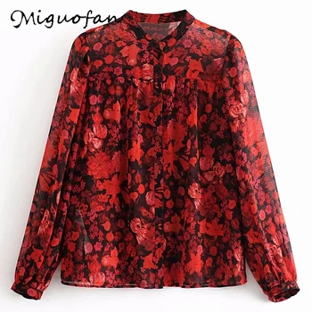 

Miguofan Shirt blouse women Red Floral rose shirts Sexy fashion female blusas mujer de moda spring office ladies chiffon blouse