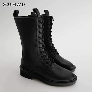 

SOUTHLAND Winter Boots Women England Ins Fashion Blogger Retro Bandage Motorcycle boot Shoes Woman Botas Mujer Shoes