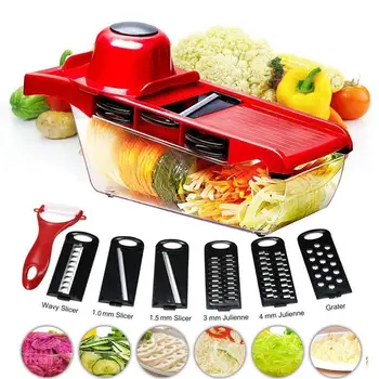 

Vegetable Cutter Food Slicer 6 Interchangeable Blades with Peeler Hand Protector Food Storage Container Cutter for Potato Onion