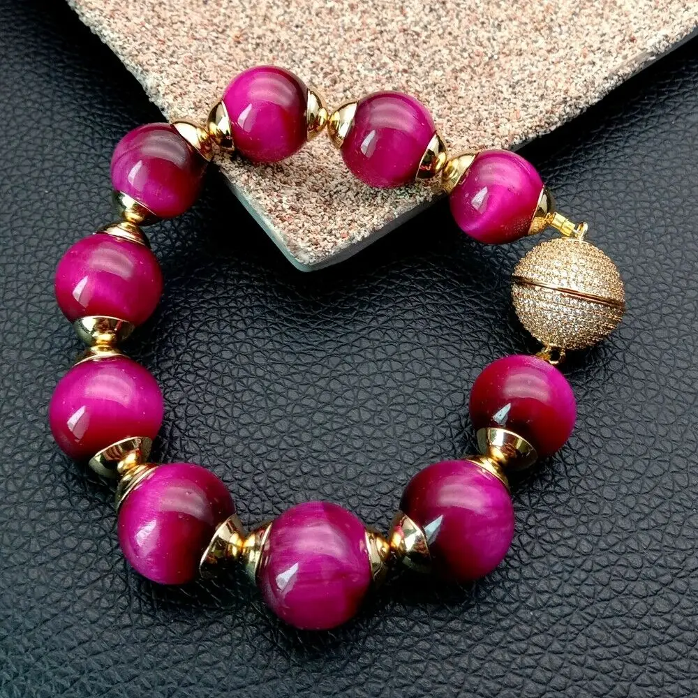 14 мм круглый гладкий браслет цвета фуксии тигровый глаз