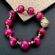 14 мм круглый гладкий браслет цвета фуксии тигровый глаз