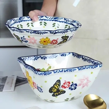 

European Ceramic Noodle Soup Salad Bowl Butterfly Love Flower Cute Square Round Under Glazed Dinner Bowl Household Tableware