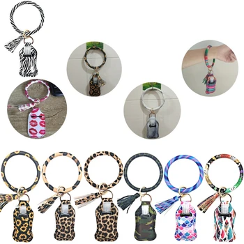 

Rainbow Leopard Print Key Ring Bracelet Wristlet Keychain Leather Keyrings Container Holder with Empty Refillable Bottle