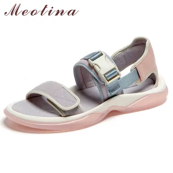 

Meotina Sandals Women Natural Genuine Leather Flat Platform Shoes Cutouts Open Toe Buckle Footwear Summer Sandals White Size 42