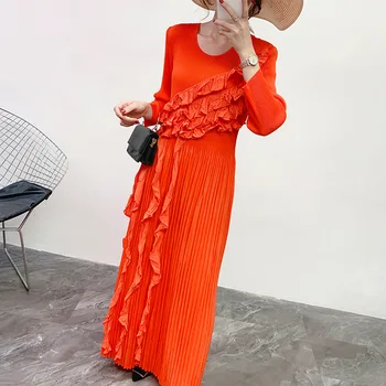 

WOMENGAGA 2020 SUMMER New Dress Lace Solid Pleated O-neck Empire Long-sleeve Casual Loose Fashion Patchwork Womens Popular A204