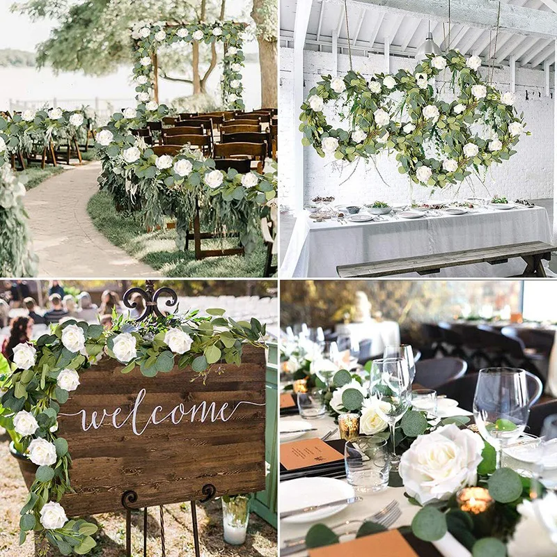 

Eucalyptus Garland (8 Pcs White Roses Among Eucalyptus Leaves), Flower Garland for Wedding Arch Backdrop Decor, Table Runner, Ba