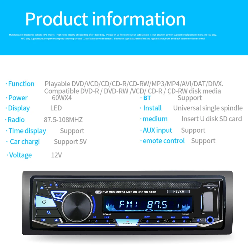 Один 1 Din 12V автомобильный DVD CD-плеер с BT 7010B Автомобильный MP3 стерео-гарнитура Авторадио аудио Радио беспроводной пульт дистанционного управления