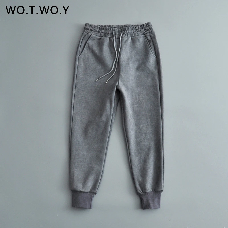 P19276Gray WOTWOY повседневные женские штаны белого цвета и цвета хаки, штаны с высокой талией и карманами, зимние женские штаны, плотные теплые женские штаны для бега - Цвет: P19276Gray
