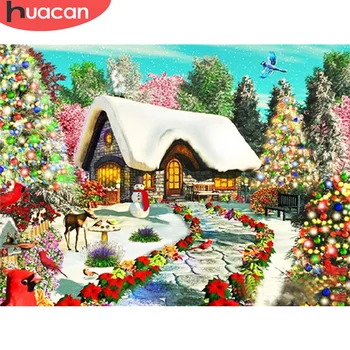

HUACAN Full Square Diamond Painting House Cross Stitch Diamond Embroidery Landscape Tree Needlework Winter Christmas Gift