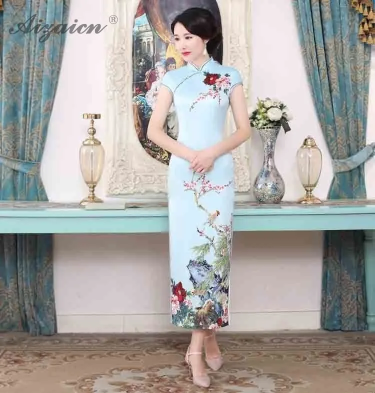 Синий цветок Cheongsam современный Femme элегантный тонкий длинный Qi Pao для женщин Китайская традиционная одежда платье Qipao аналогичный шелковый халат