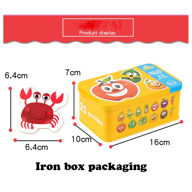 Wooden Learning Card Puzzles Toy Early Educational Toy Cartoon Traffic Animal Fruit With Iron Box Kids Cognitive Puzzle Baby Toy 5