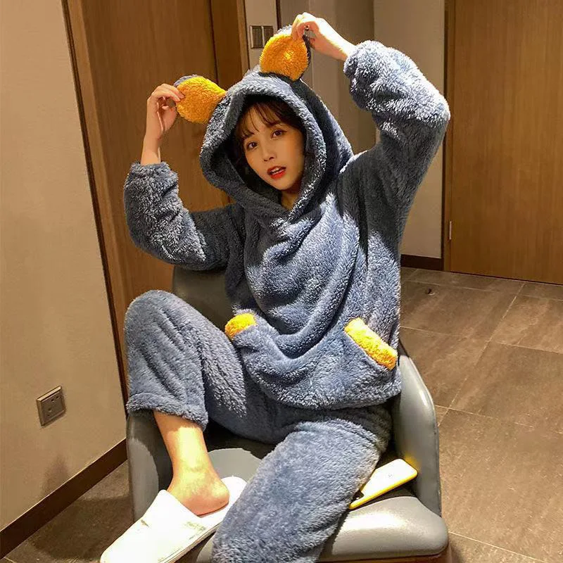 Flannel Padded Pajamas Set Women Plus Velvet Round Neck Sweet Cute Cartoon Pig Head Autumn And Winter Home Service Suit
