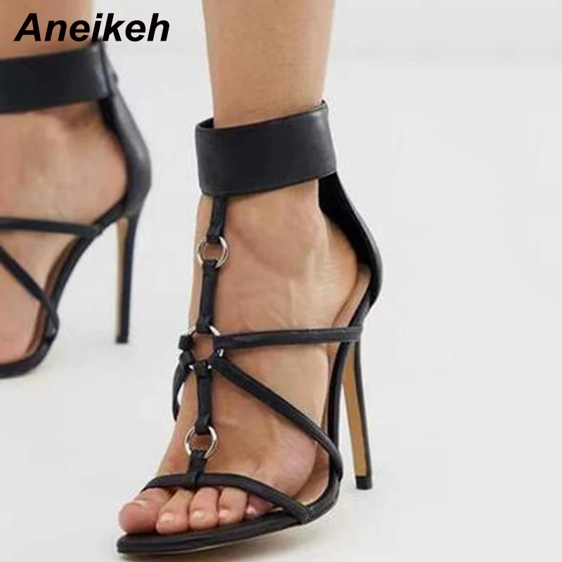 

Aneikeh Metal Decoration Women Heeled Sandals Bandage Gladiator Ankle Strap Pumps Super High Heels 12 CM Peep Toe Lace-Up Dress