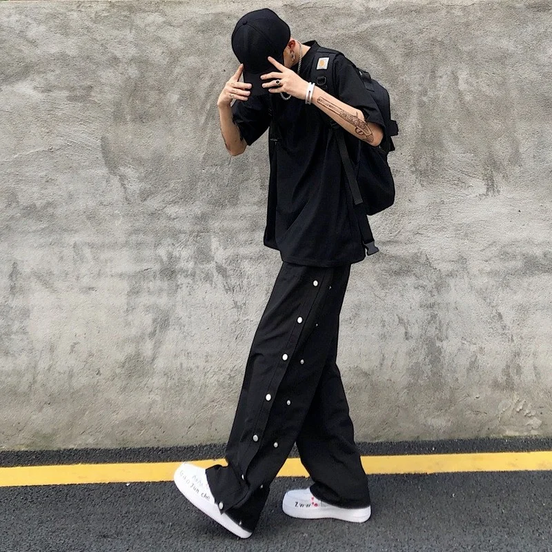 Side Buttons Hip Hop Harem Pants for Mens 2021 Fashion Trends Wide Leg Sweatpants Teen Harajuku Baggy Jogging Trousers - Image 2