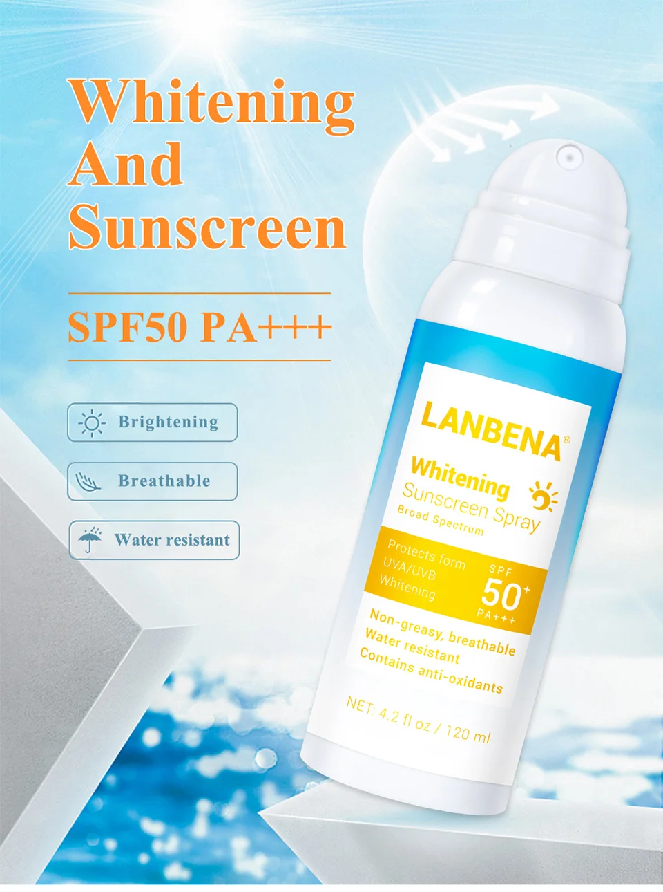 LANBENA 120 мл солнцезащитный крем SPF 50PA+++ Осветляющий Солнцезащитный спрей эффективно против излучения водостойкий