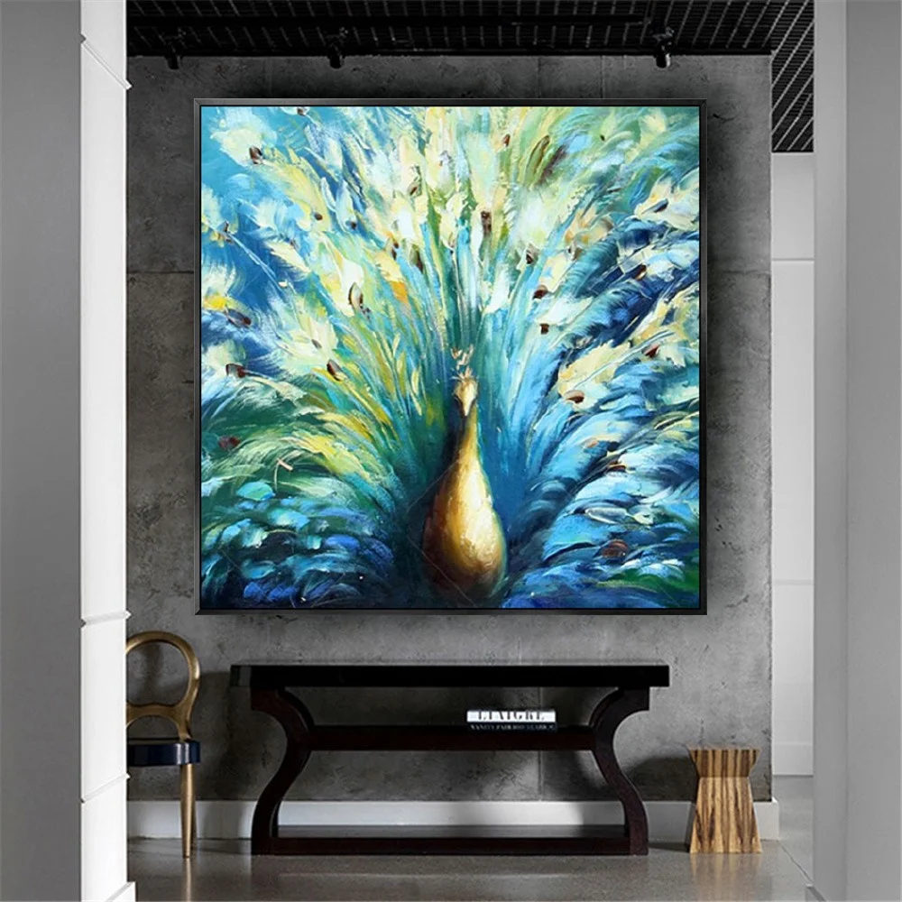 

Large Abstract Blue Pecock Canvas Painting Southeast Asia Animal Wall Art Handmade Oil Pictures For Living Room Decor Poster