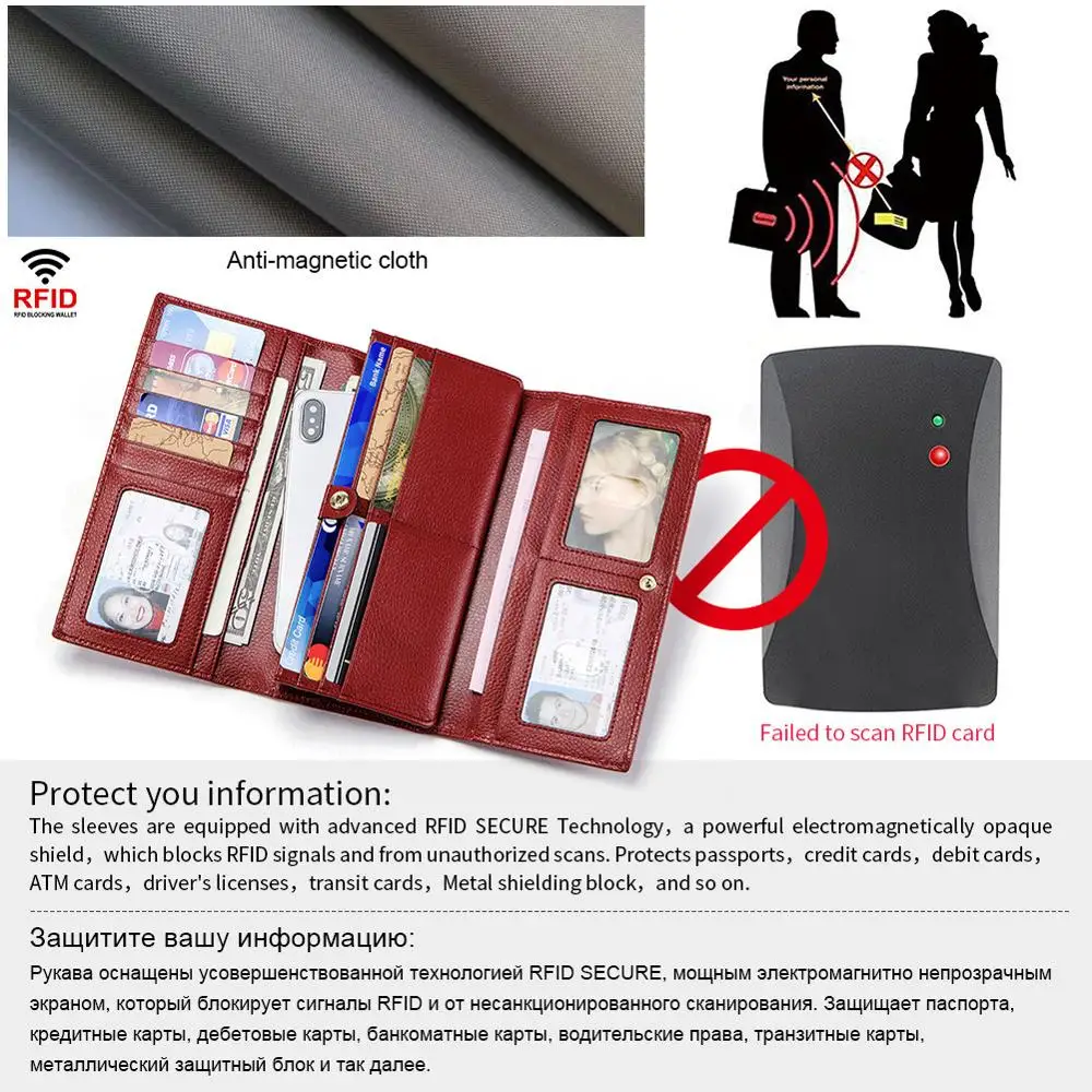 Женский Длинный кошелек RFID, высококачественный кошелек из натуральной кожи, Женский Повседневный клатч, мягкий держатель для карт, чехол для телефона