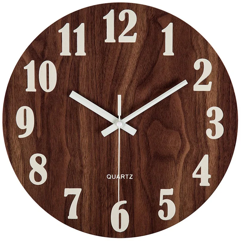 12 Inch Night Light Function Wooden Wall Clock Vintage Rustic Country Tuscan Style For Kitchen Office Home Silent & Non-Ticking