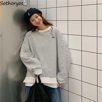 

Hoodies Women Fashion Female Spring Autumn New Korean Style Loose Long Sleeved Thin Simple Striped Womens Clothing Chic Casual