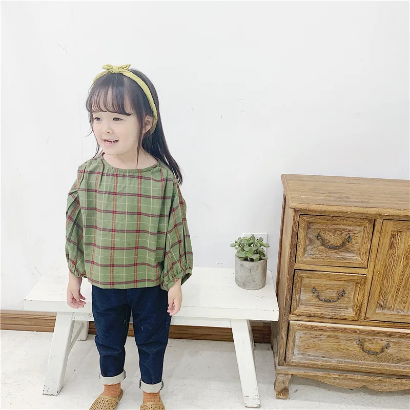 Korean Style Cute Girls Fashion Plaid Blouse Kids Pure Cotton Puff Sleeve Loose Blouses 1-5y
