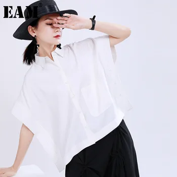 

[EAM] Women White Pocket Split Brief Big Size Blouse New Lapel Half Sleeve Loose Fit Shirt Fashion Tide Spring Summer 2020 1U179