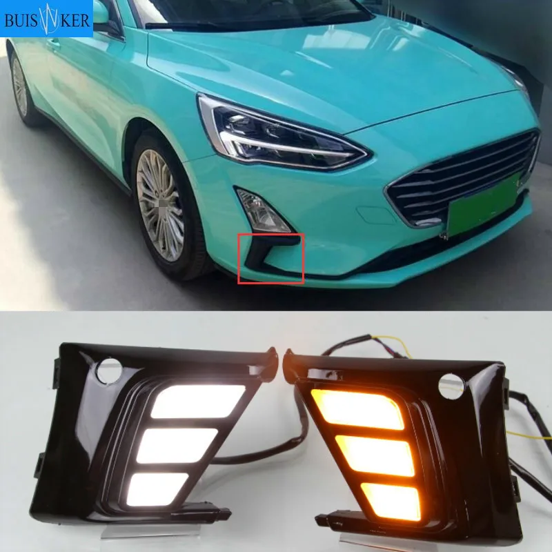 

Для Ford Focus 2019 дневные ходовые огни светильник для Ford Focus LED DRL светодиодный Противотуманные фары крышка с желтым указатели поворота функции