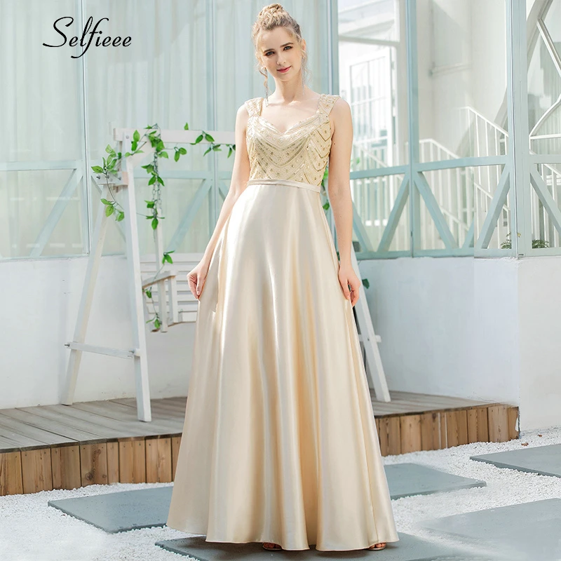 

Elegant Gold Satin Dress A-Line Sequined V-Neck Spaghetti Straps Sleeveless Maxi Dress Women Sparkle Party Dress Vestito Donna