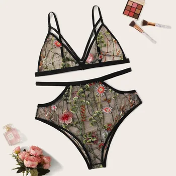 

Mesh Flower Sexy Lingerie Lace Bra+G-string Sets Lace Embroidery Underwear Sets Women Flowers Sleeveless Halter Bra Sets