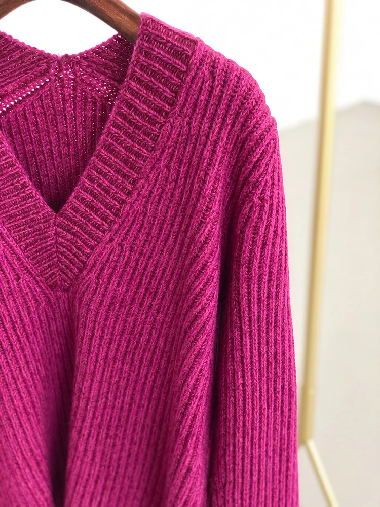 Women Knitted Sweater Autumn Winter Solid Color V Neck Long Sleeve Loose Casual Knitwear Pullover Tops